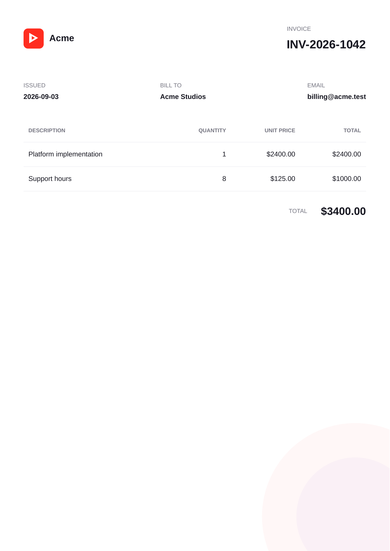 First page of the invoice PDF generated by the Node.js example