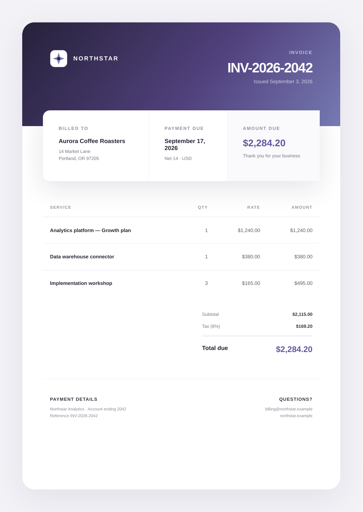 First page of the invoice PDF generated by the PHP SDK and Twig example