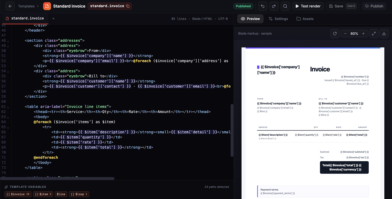 BladePDF cloud Blade template editor with a live PDF preview